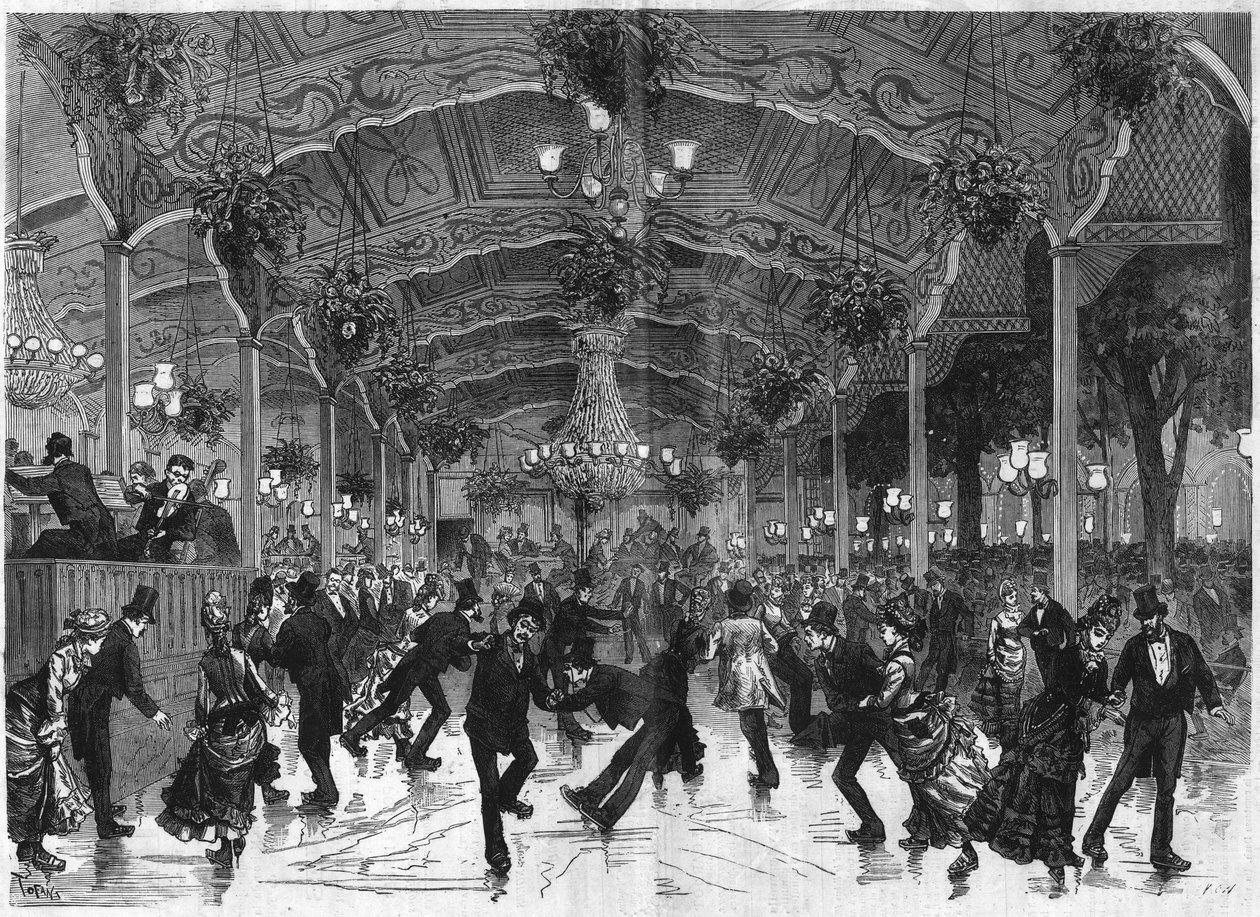 Anel de patinagem em Bullier. Pista para dançar de skate no Bal Bullier, em Paris. Gravação no "The Illustrous Universe". de French School