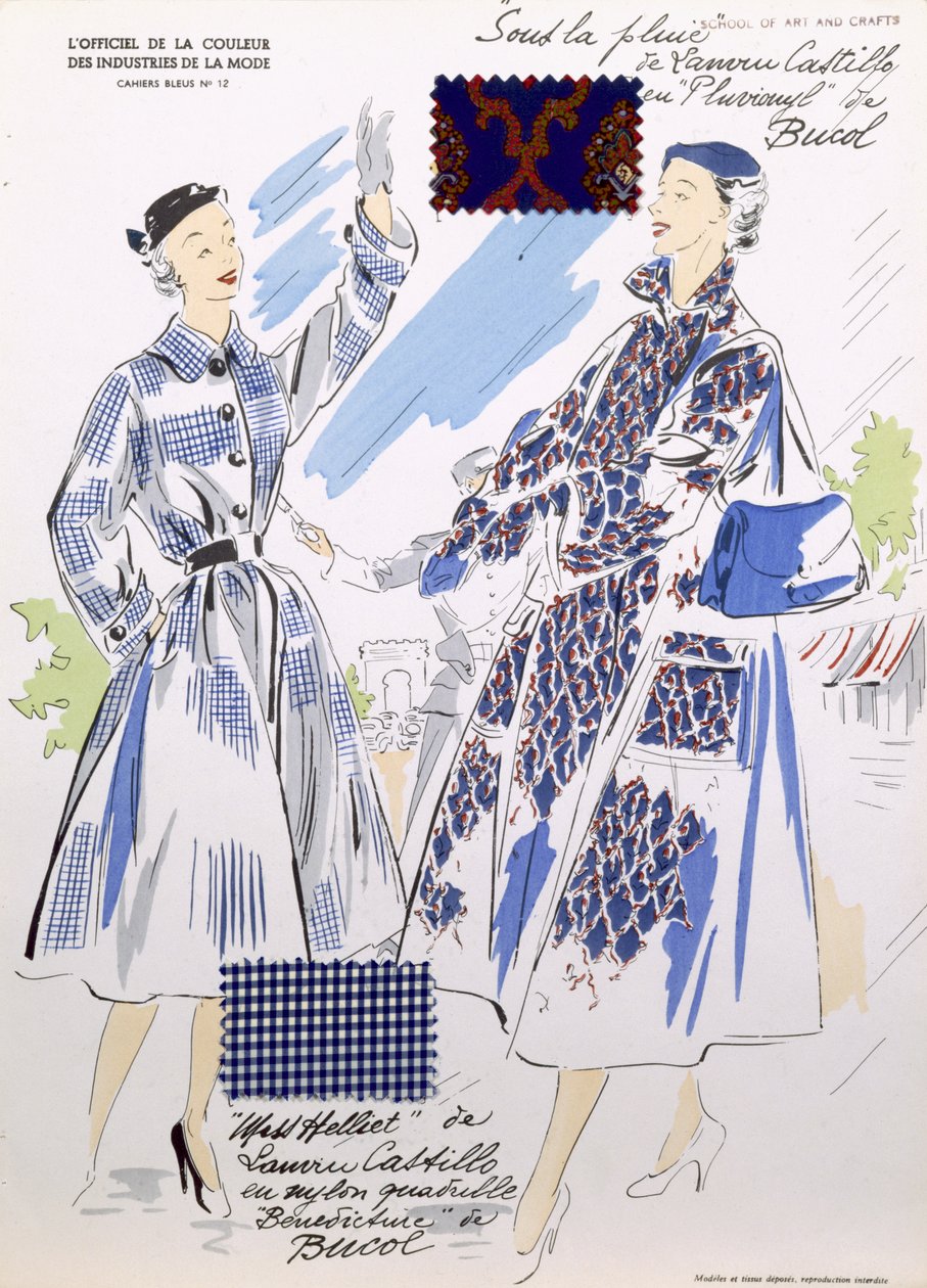 Sketches e swatches de tecido, de "A cor oficial das indústrias da moda" (cor lito) de French School