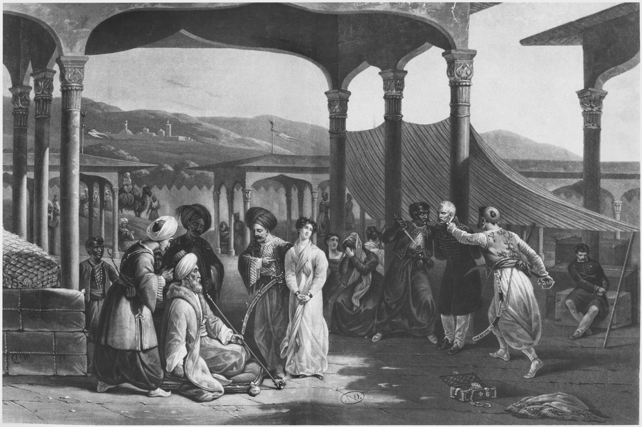 Bazar de escravos, Argel, Argélia, c.1820 (litho) (foto a p/b) de French School