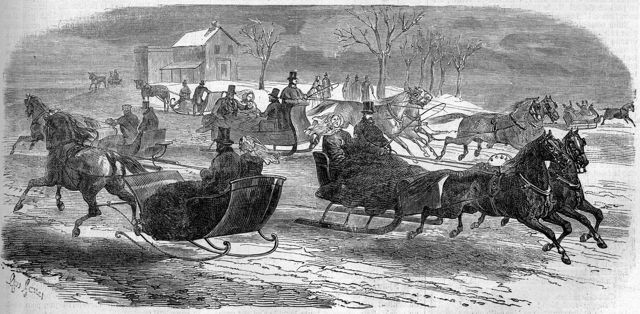 Sled em Nova Iorque (Nova Iorque), Estados Unidos (Estados Unidos), Inverno de 1858. Gravura em "Le Monde Illustré" n°47 de 6 de Março de 1858. de French School