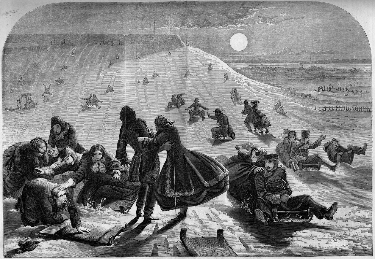 Dormindo em Montreal, Canadá, no inverno de 1859. Gravura em "Le Monde Illustré" n°98 de 26 de Fevereiro de 1859. de French School