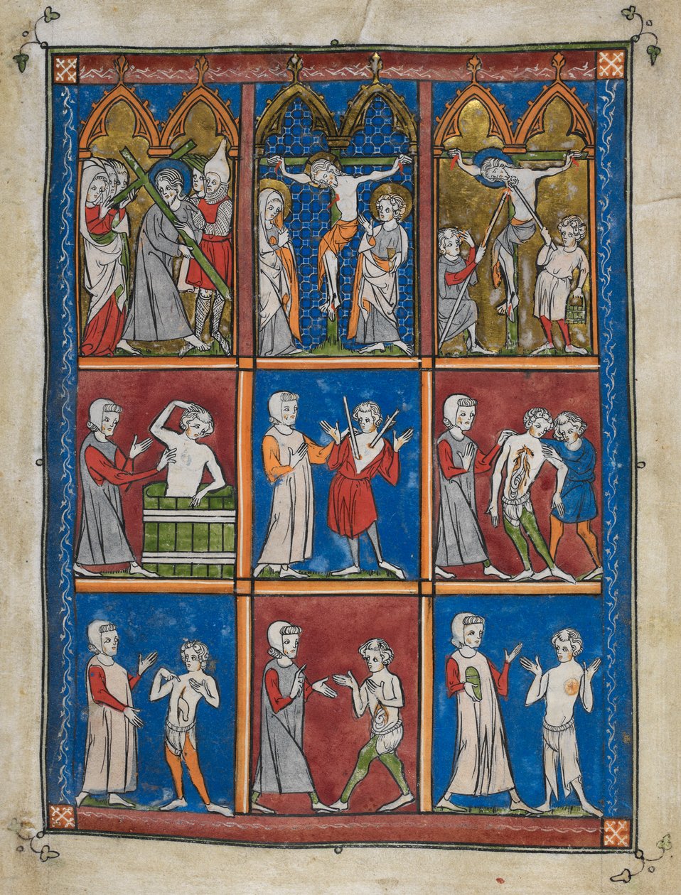 Sloane 1977,f.7 The Chirurgia: Nove miniaturas mostrando cenas bíblicas e médicas. Acima, Cristo carregando a Cruz; Maria e São João no Calvário; Cristo dado o vinagre e trespassado com a lança. Ao centro e abaixo, médicos que tratam doentes para vários de French School