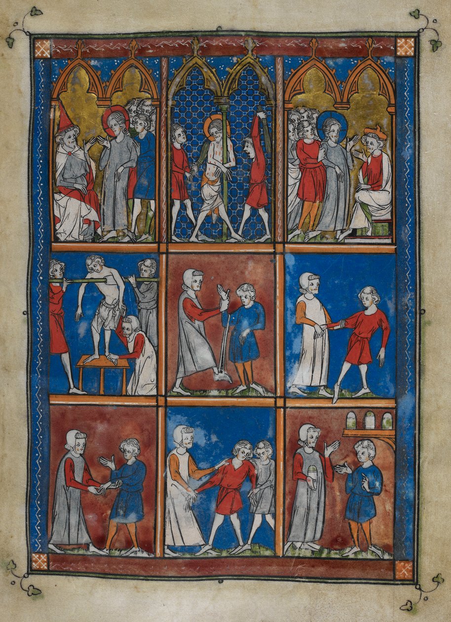 Sloane MS 1977 fol.6r Nove miniaturas mostrando cenas bíblicas e médicas. Acima, Cristo diante de Caifás e Pilatos; a flagelação. Centro e abaixo, médicos que tratam pacientes com ossos quebrados e outras doenças de French School