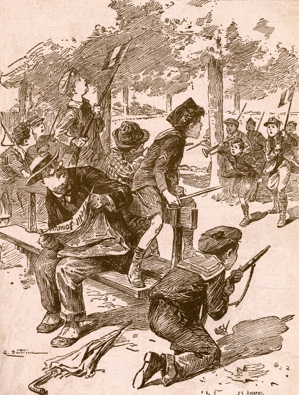 Pequenos rapazes a jogar jogos de guerra em França durante a Primeira Guerra Mundial. Da Agenda Buvard du Bon Marche publicada em 1917. de French School