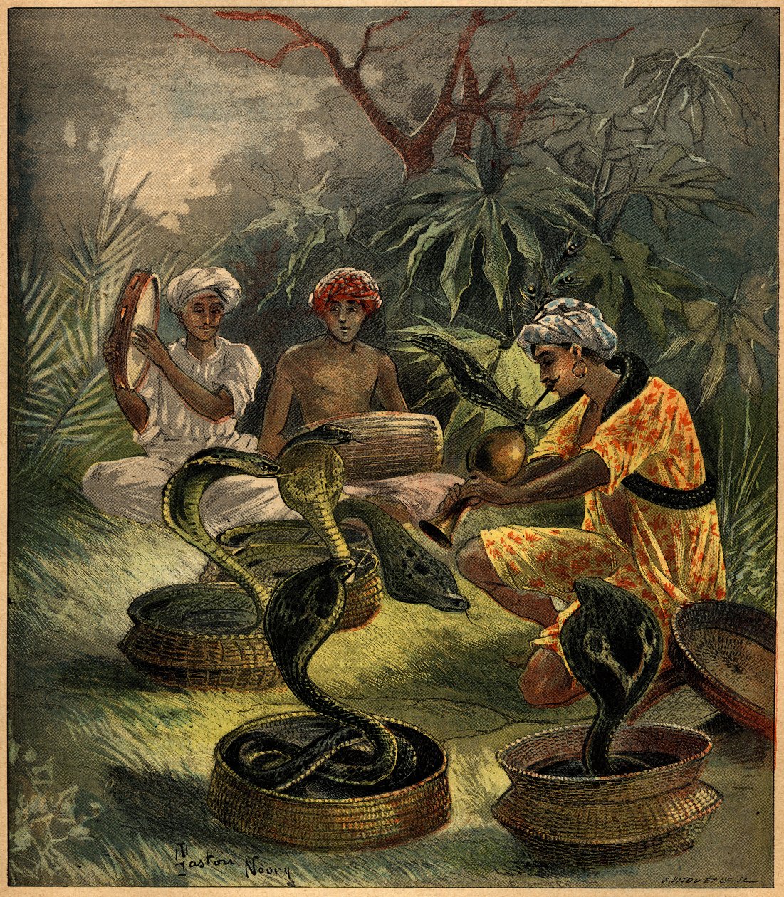 Encantadores de cobras (cobras) na Índia. Gravura em "La Terre Illustree" n°94 de 18 de Agosto de 1892. de French School