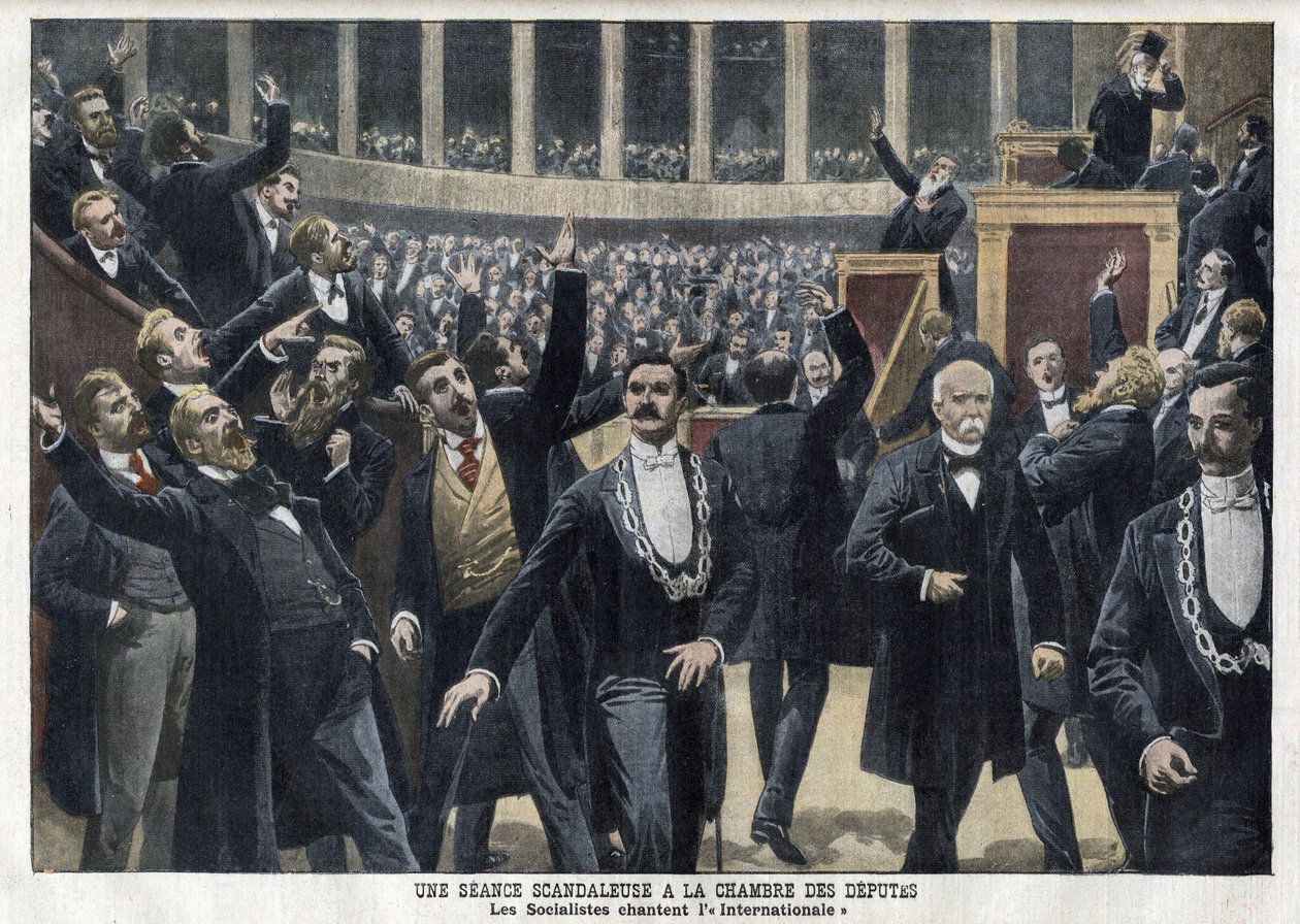 Os Socialistas cantam A Internacional na Câmara dos Deputados em França em plena sessão na presença de Georges Clemenceau (1841-1929) - "Le Petit Journal", maio de 1909 (gravura) de French School