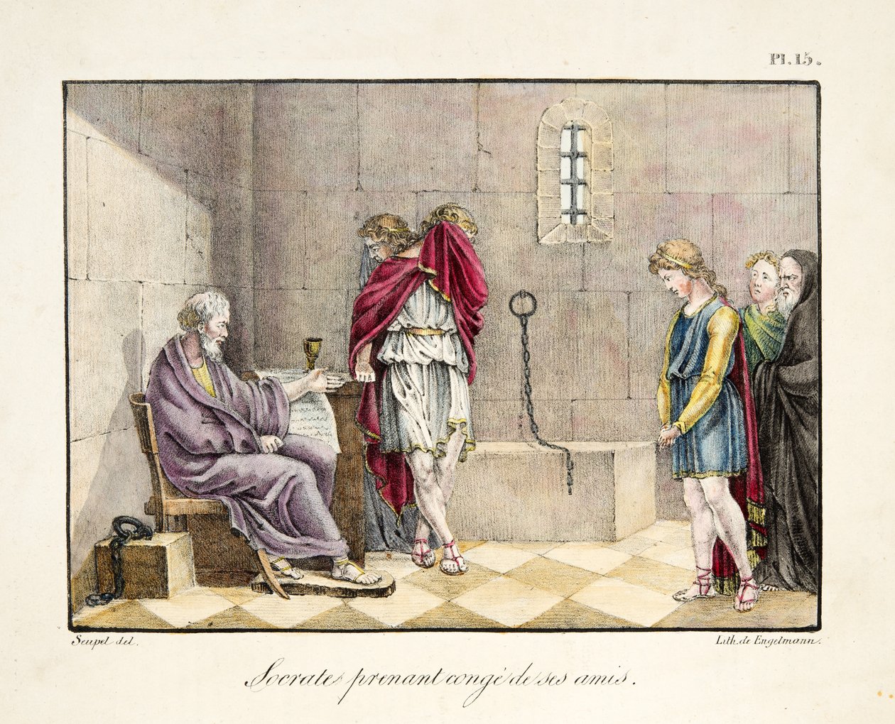 Socrate prenant congé de ses amis,pub. por Engelmann, c.1835 (gravação a cores)) de French School