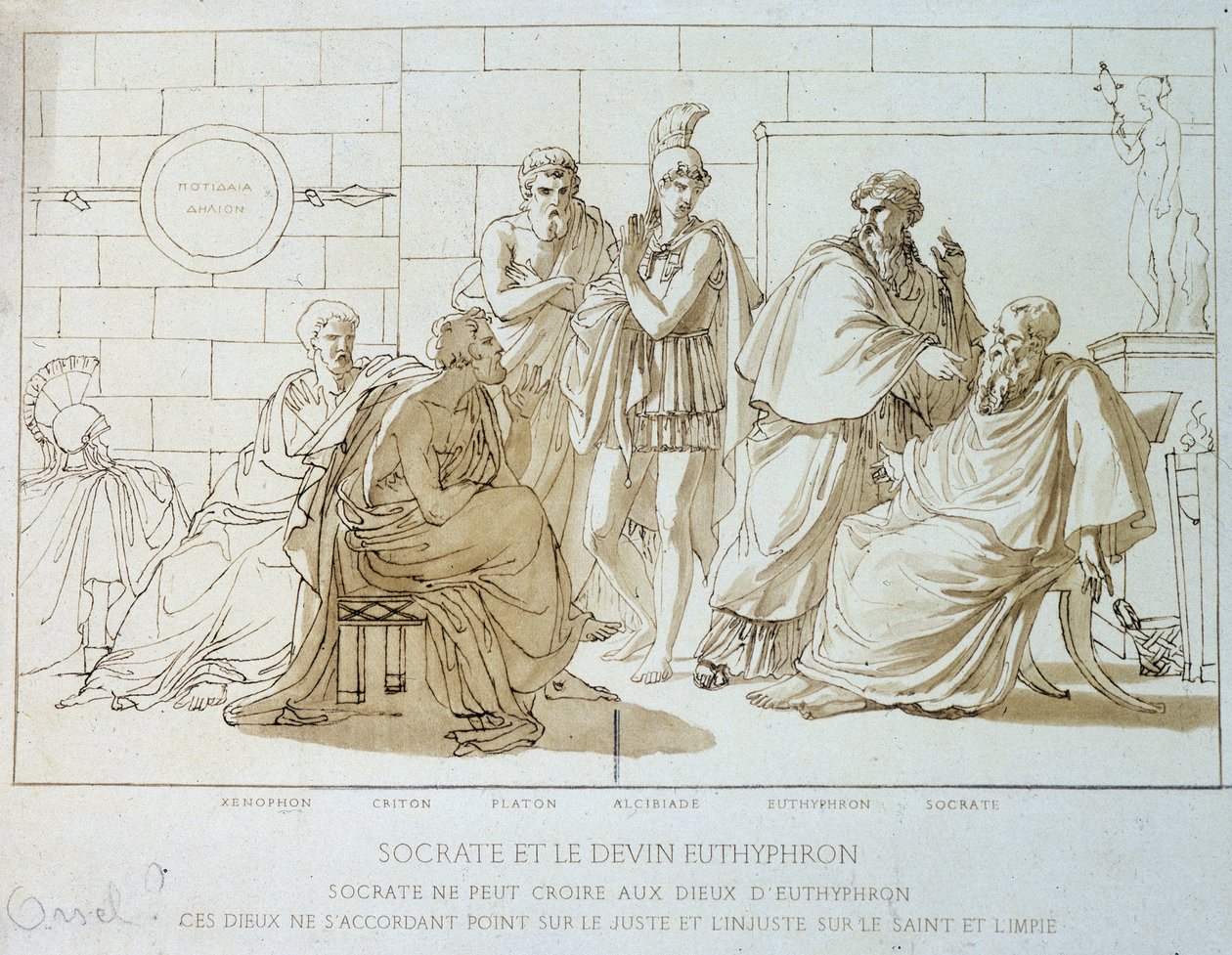 Sócrates e o chantre Eutífron: Sócrates não pode acreditar nos Deuses de Eutífron, estes Deuses não estão de acordo sobre o justo e o injusto sobre o Santo e o ímpio. Representação de Xenofonte, Críton, Platão, Alcibíade, Eutífron e Sócrates. de French School