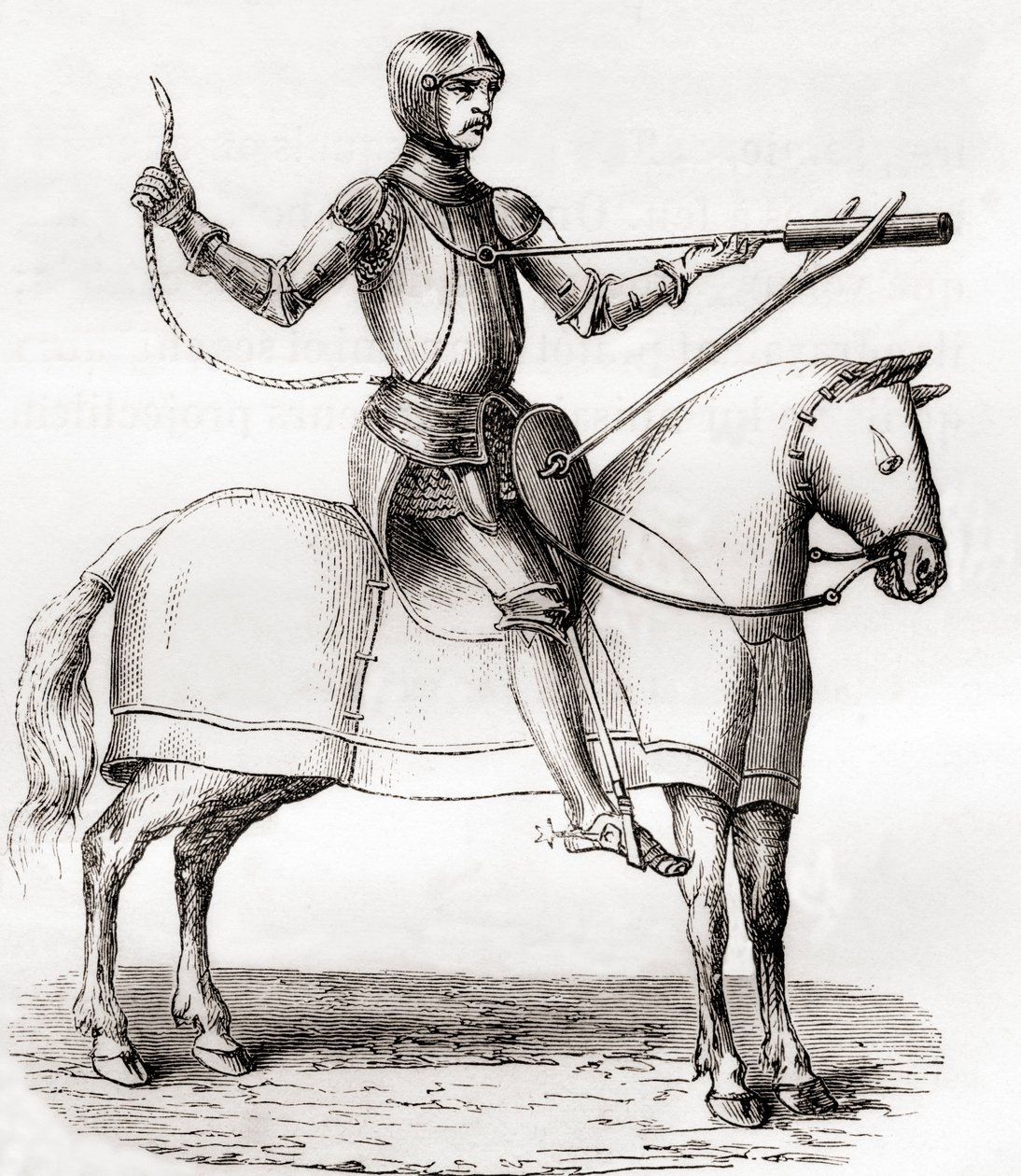 Soldado a cavalo usando uma bomba de mão, no final do século XIV e início do XV, após um desenho do manuscrito de Marianus Jacobus, de Les Merveilles de la Science, publicado c.1870 (gravura) de French School