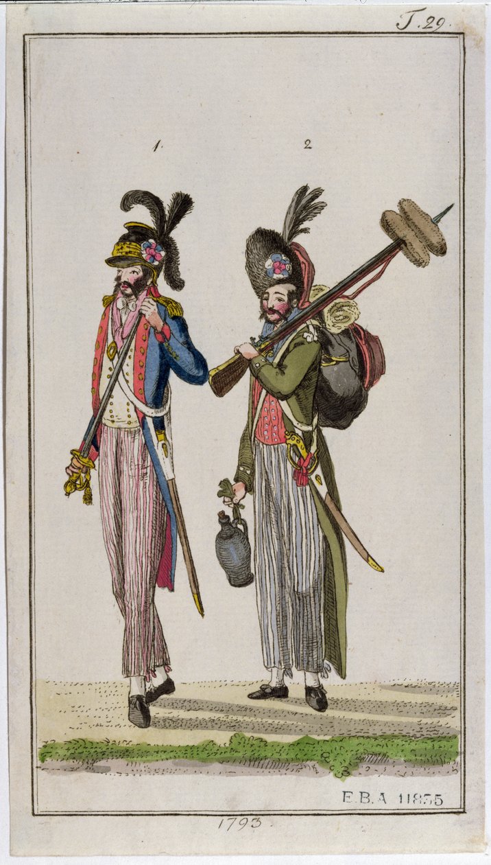 Soldados da Revolução Francesa carregando baionetas em 1793 de French School