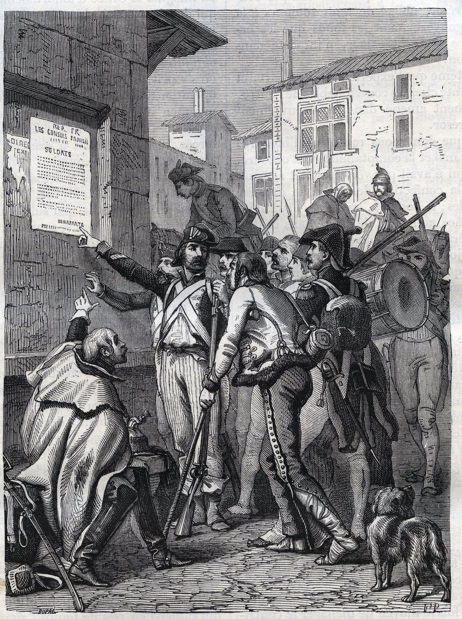 Soldados, as vossas necessidades são grandes: Soldados franceses lendo a proclamação do General Bonaparte em novembro de 1799 - Gravação de 1865 no "Histoire du Consulate et de l