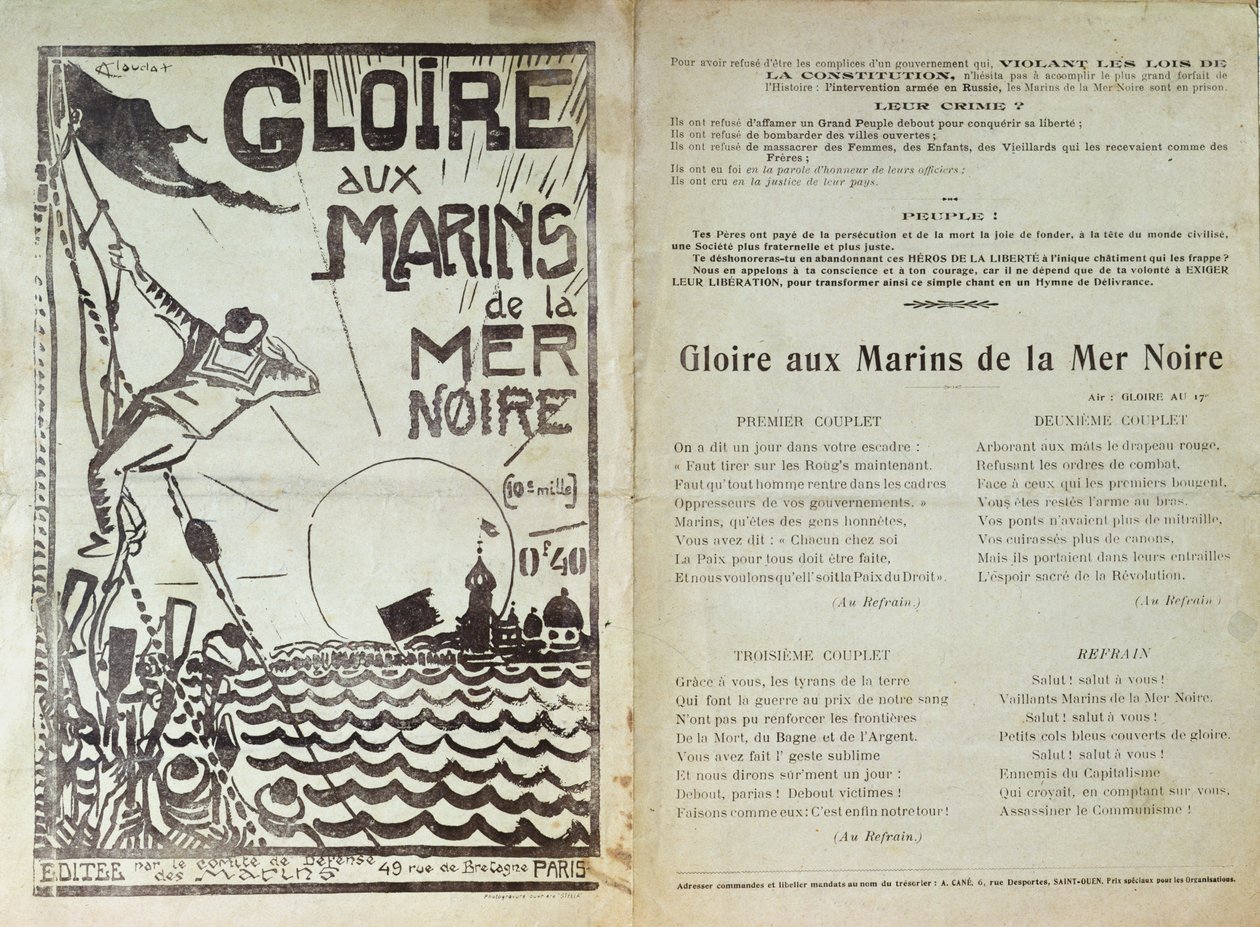 Canção celebrando o motim dos marinheiros russos no Mar Negro, 1905 (fotogravação) de French School