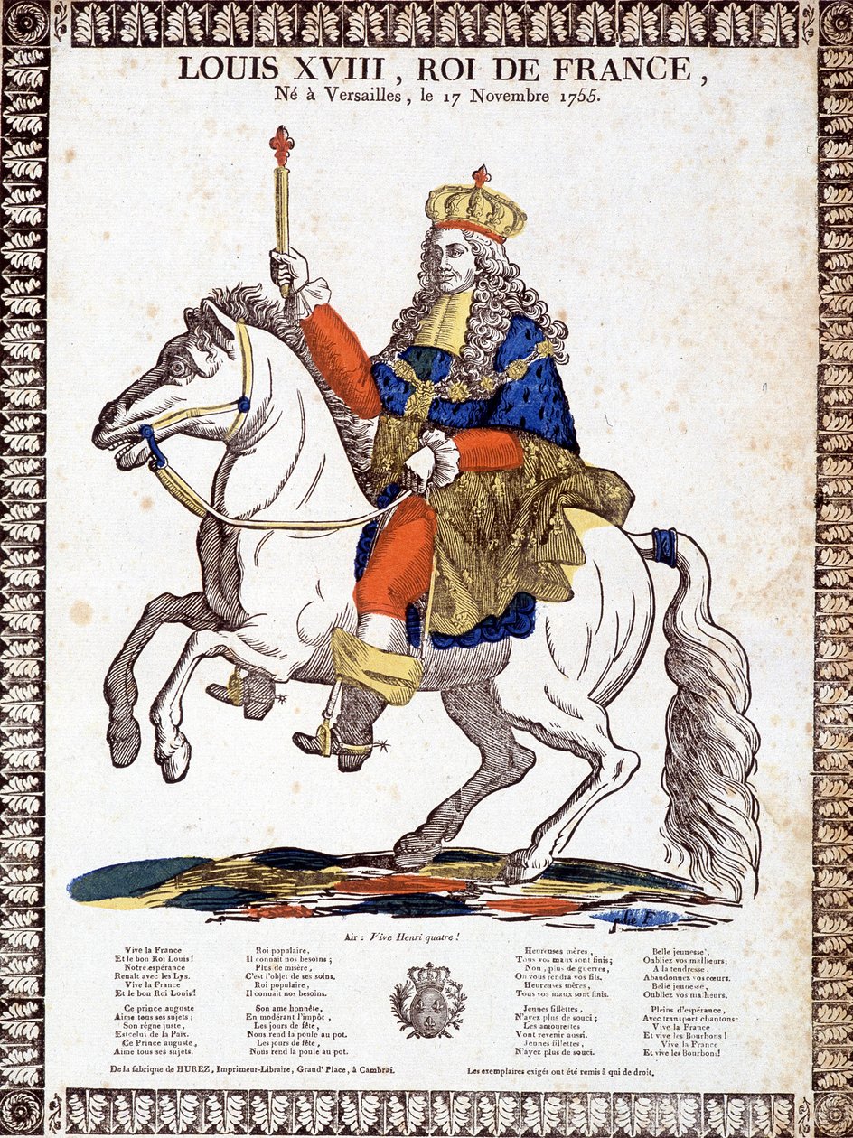 Canto em honra do rei da França Luís XVIII, ilustrado por um retrato equestre do rei (gravura) de French School