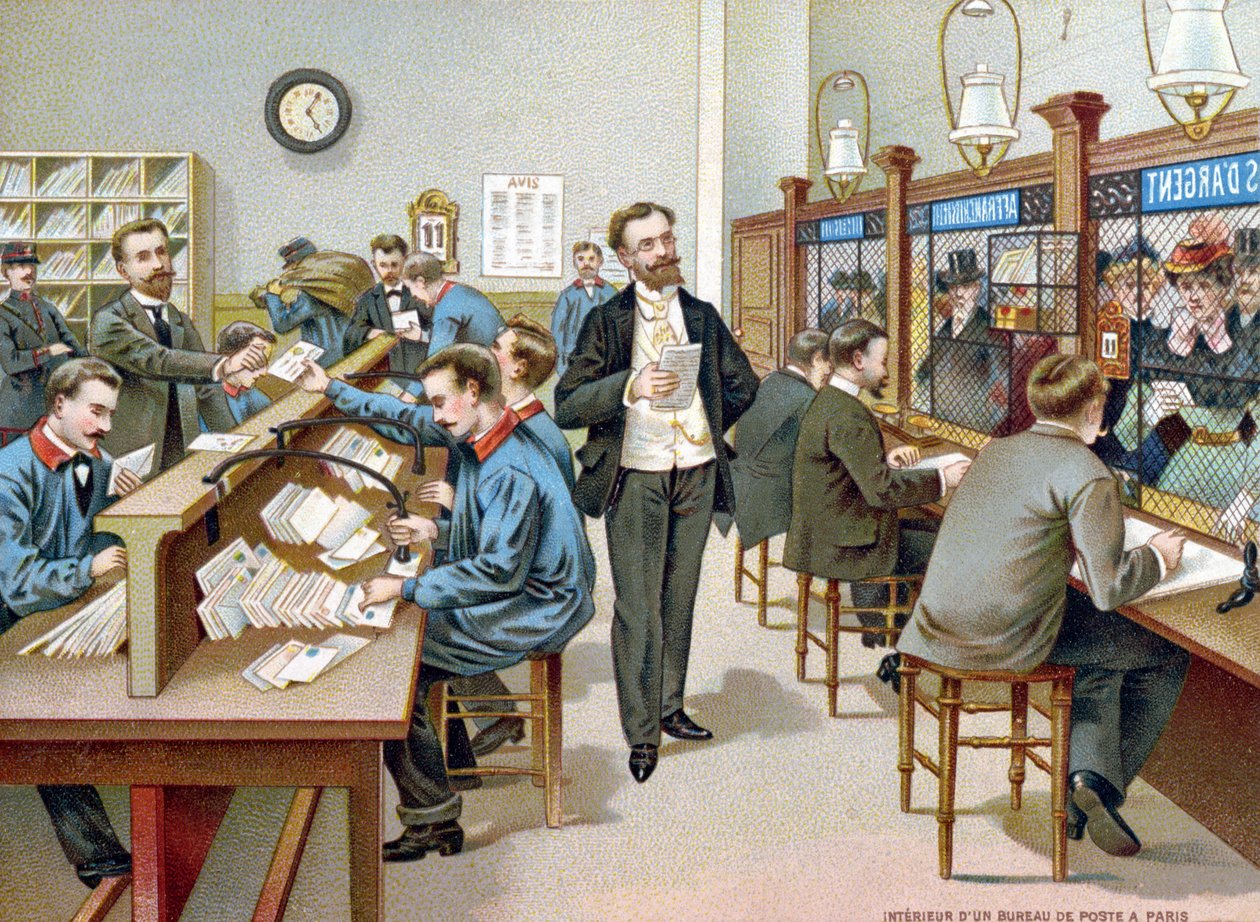 Classificando o Post em um Post Office parisiense, ilustração de um calendário dos Correios, 1904 de French School