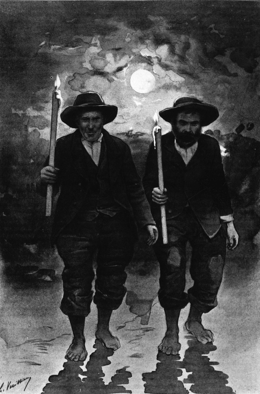 Fonte e doente: dois homens, uma noite de lua cheia, cada um segurando uma vela e andando descalço (procissão?) - em "Journal des voyages". de French School