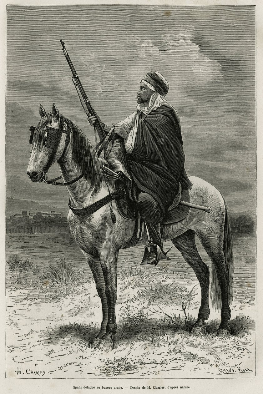 Spahi, eficiente cavaleiro e pavor contribuindo para a conquista da Argélia, ao serviço da França, destaca-se no escritório árabe, gravando após um desenho de H. Charles, para ilustrar a história Tebessa e seus monumentos (Argélia), de A. Heron de Villefos de French School
