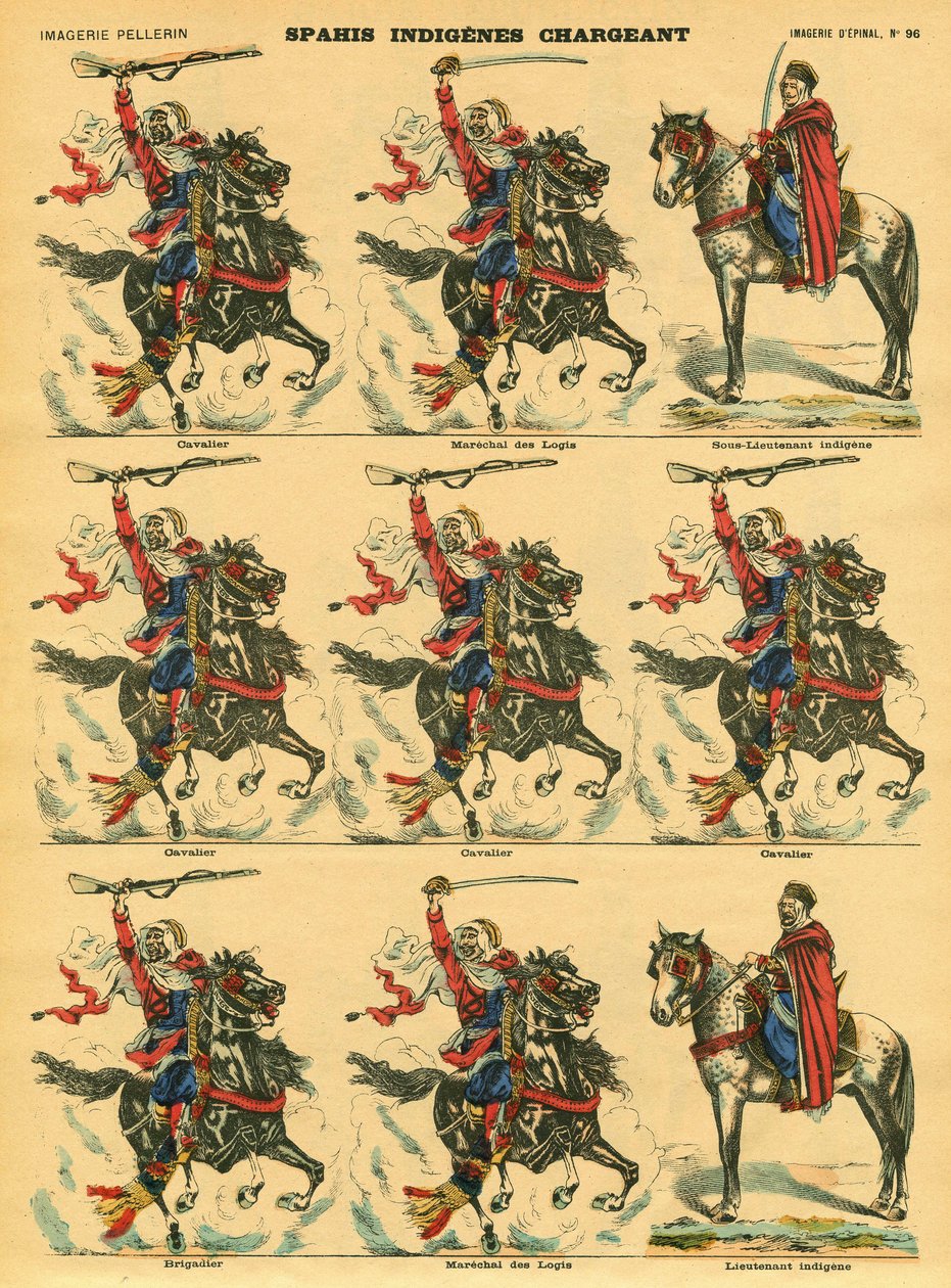 Carregamento dos indígenas Spahis, durante a conquista da Argélia pela França. Imagem de Epinal de French School