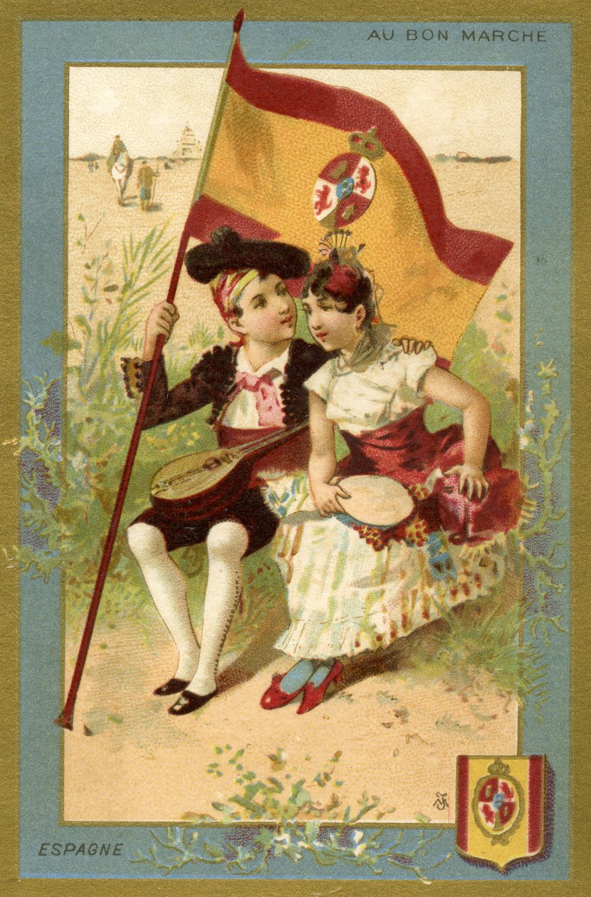 Menino e menina espanhóis, de uma série de ilustrações de crianças de diferentes países, produzidos como cartões promocionais para a loja de departamentos Bon Marché em Paris, c.1890 de French School