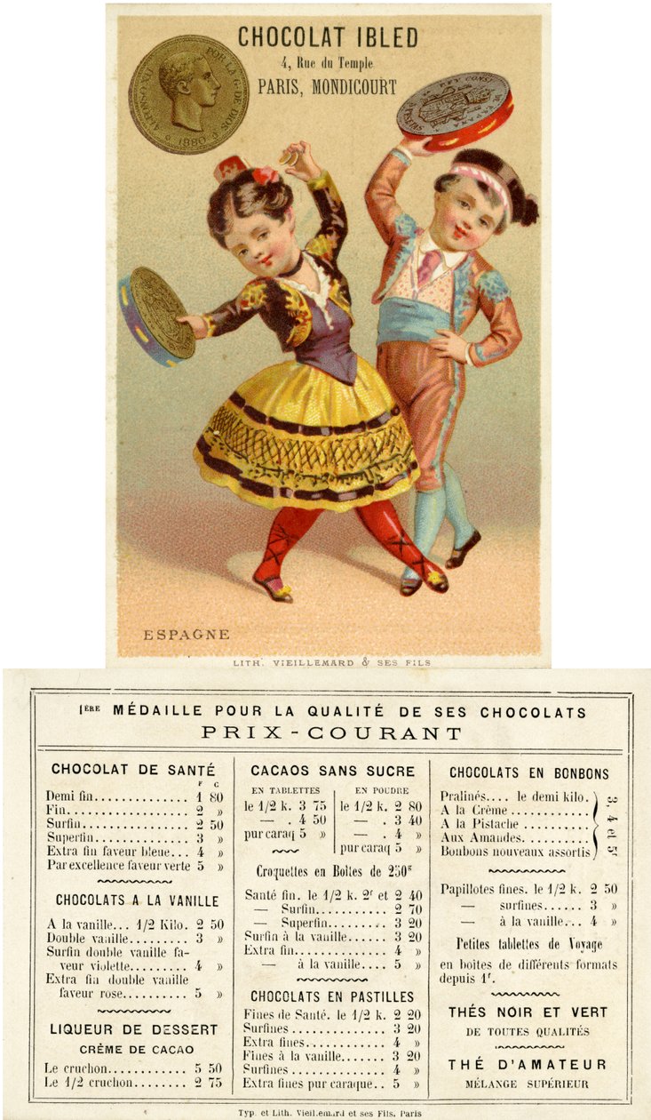 Crianças espanholas dançando com tamborins feitos de pesetas, de uma série de cartões promocionais sobre moedas em diferentes países, publicados em Paris por Vieillemard para uso por Chocolat Ibled, 1886-95 de French School