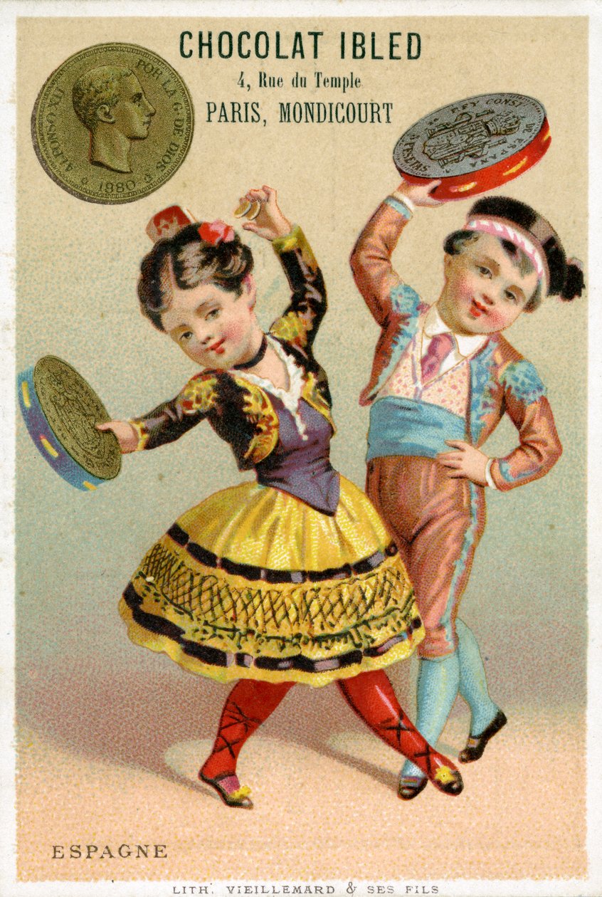 Crianças espanholas dançando com tamborins feitos de pesetas, de uma série de cartões promocionais sobre moedas em diferentes países, publicados em Paris por Vieillemard para uso por Chocolat Ibled, 1886-95 de French School