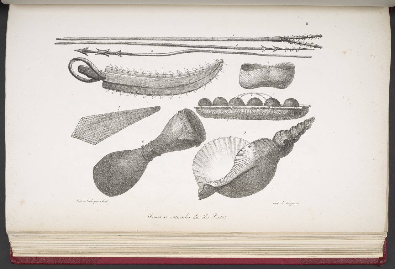 Lanças e utensílios da ilha de Radak, da Voyage pittoresque autour du monde, com retratos de selvagens da América, Ásia, África e das ilhas do grande oceano; paisagens, vistas marítimas e vários objectos de história natural; ac de French School