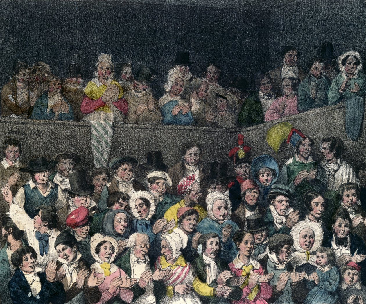 Espectadores aplaudindo no teatro, gravado por Benard e Frey, 1837 de French School