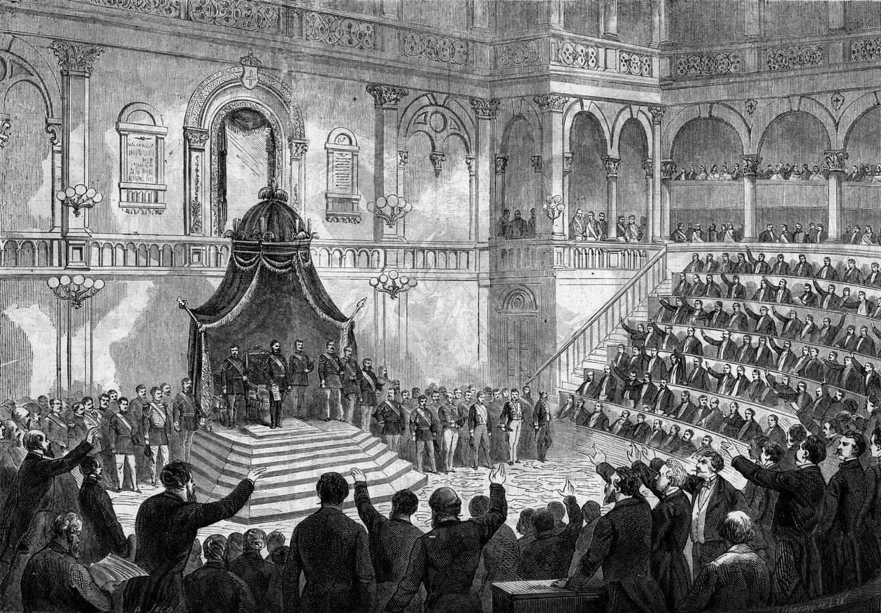 Discurso do Rei da Itália Victor Emmanuel II (Vittorio Emanuele) (Victor-Emmanuel) (1820-1878) na abertura da sessão dos estados italianos no parlamento de Turim de French School