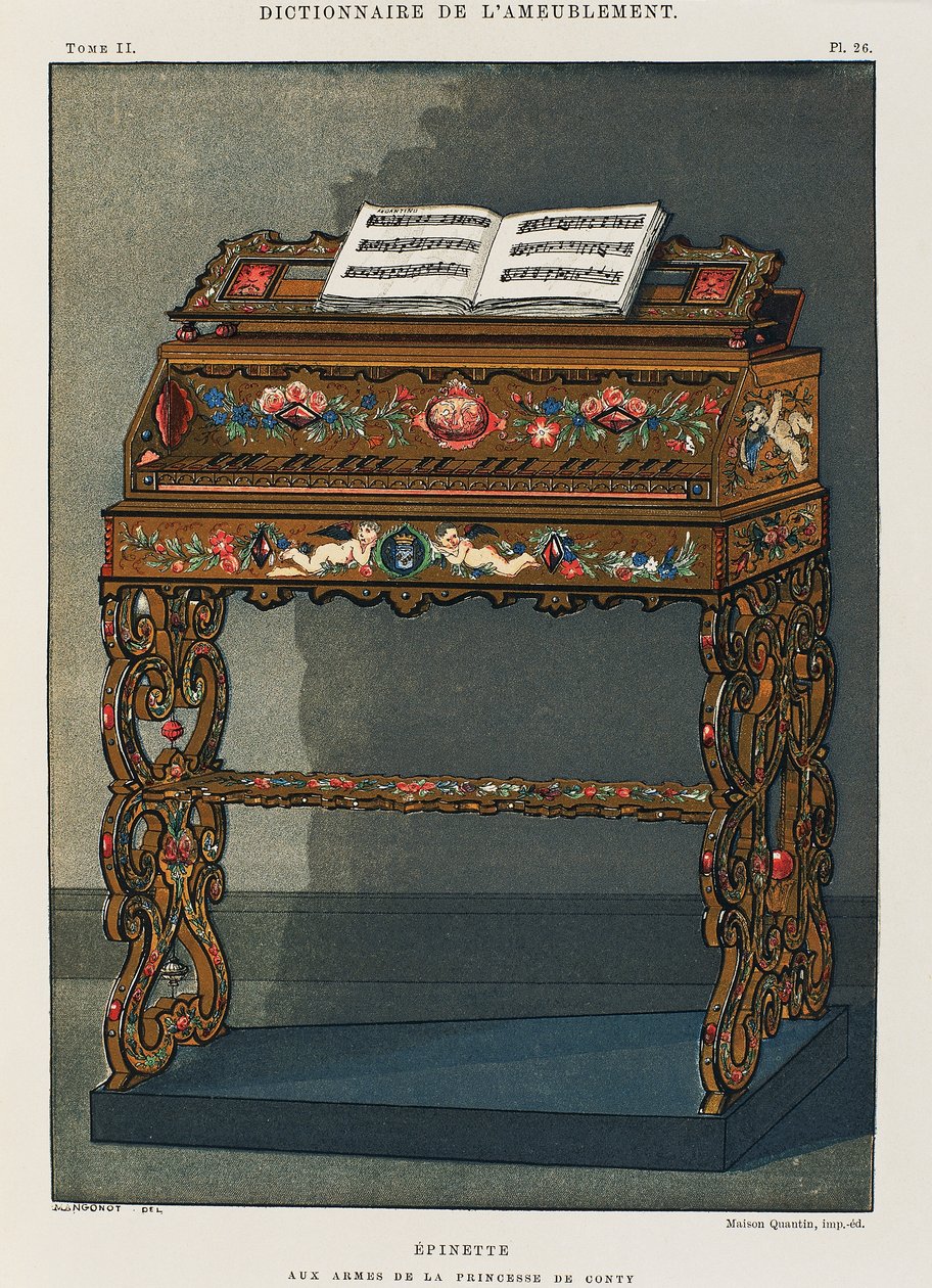 Spinet com o brasão da Princesa de Conti, ilustração do Dicionário de Móveis e Decoração, de Henry Havard, Volume I de French School