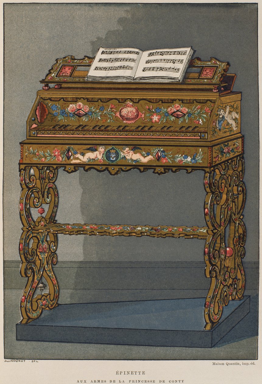 Espineta com o brasão de armas da Princesa de Conti, ilustração do Dictionnaire de lameublement et de la decoration de Henry Havard, volume 2, placa 26, Paris, Maison Quantin, 1878 (cor litho de French School