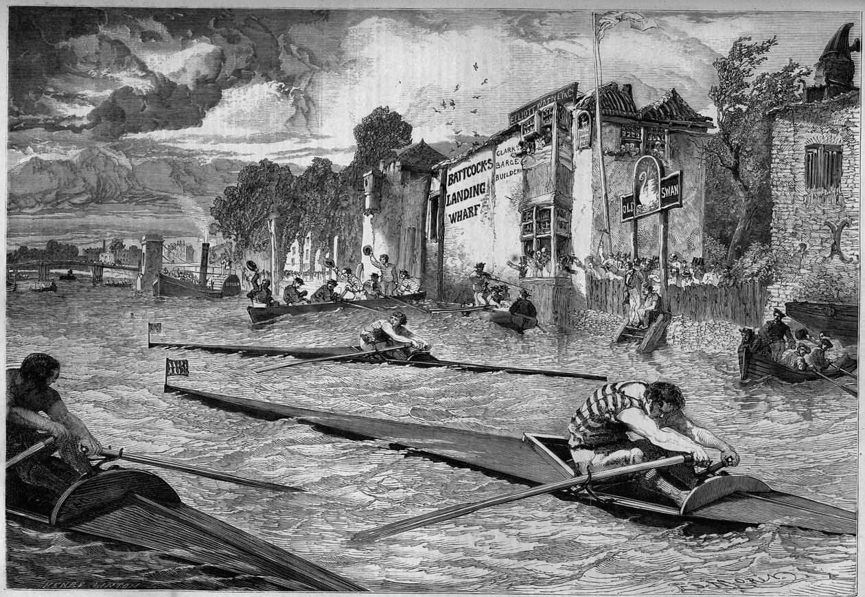 Competição desportiva: corrida de canoa (outrigger) no Tamisa. Inglaterra de French School