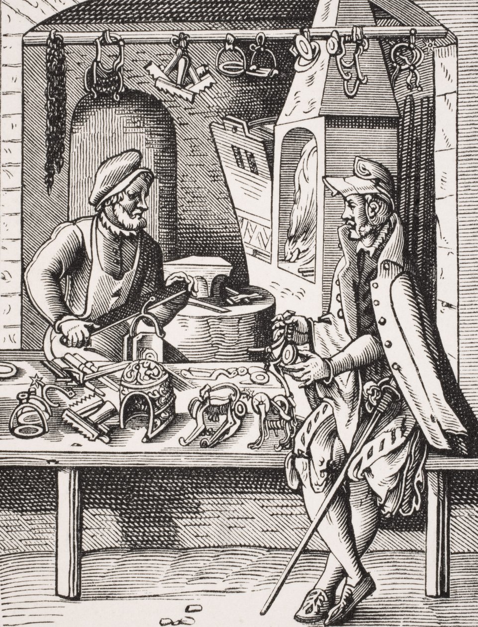 Spur Maker, reprodução de uma xilogravura de Jost Amman (1539-91) de "A Idade Média e o Renascimento", de Paul Lacroix (1806-84), publicada em 1847 (lito) de French School
