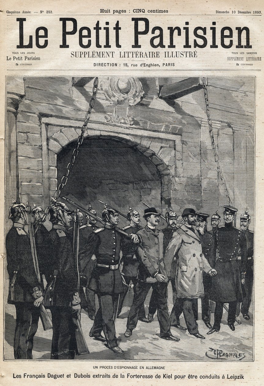 Julgamento de espionagem na Alemanha: os franceses Daguet e Dubois levados da fortaleza de Kiel para Leipzig. Um dos jornais " Le petit Parisien" em 10/12/1893 (gravura) de French School