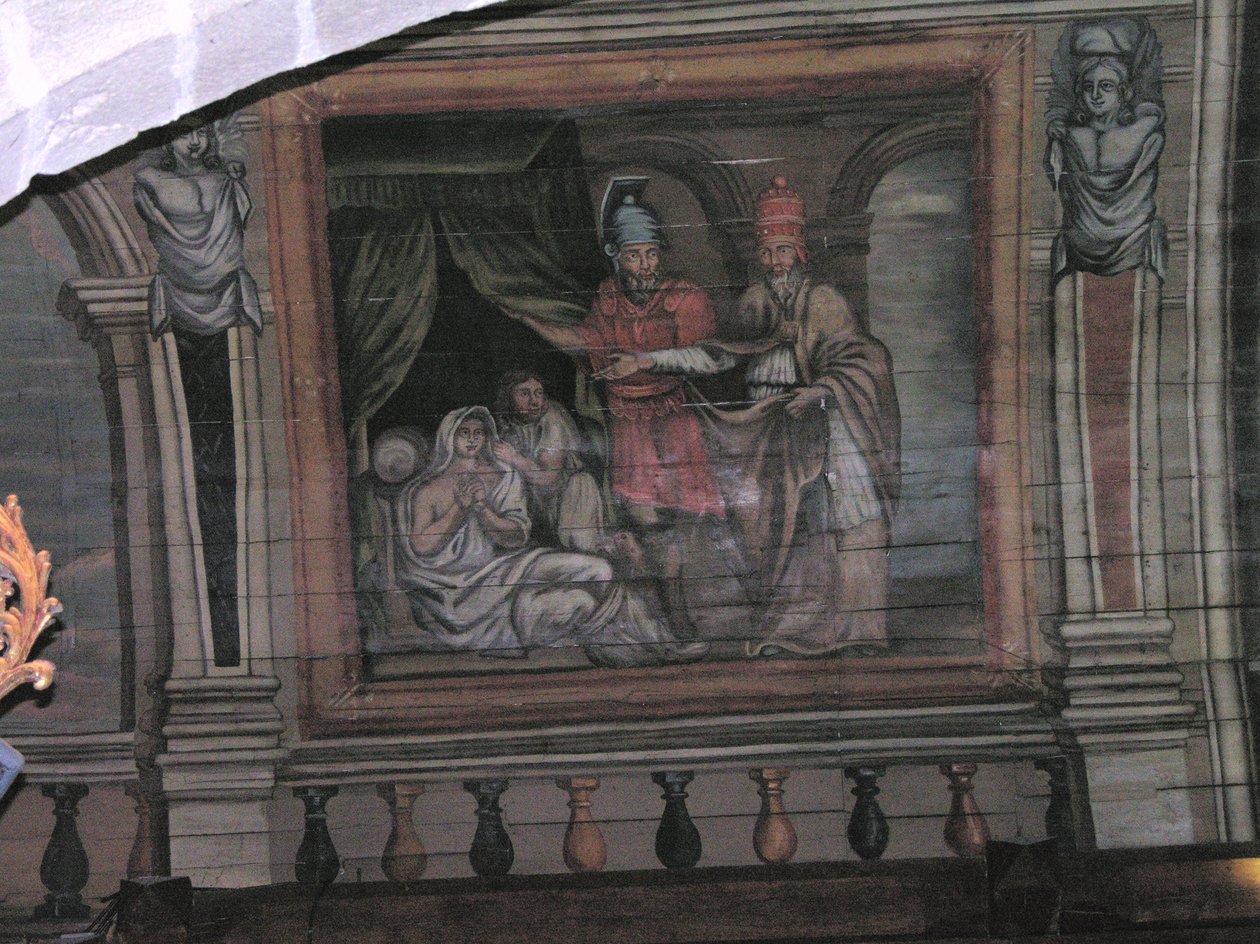 St. Cornely realizando um milagre (madeira pintada) de French School