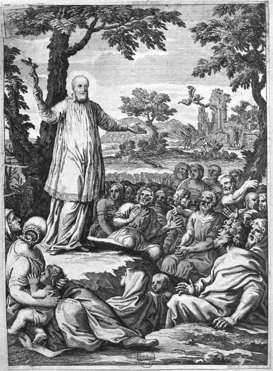 São Francisco de Sales (1567-1622) pregando aos hereges de Chablais (gravura) (bw photo) de French School