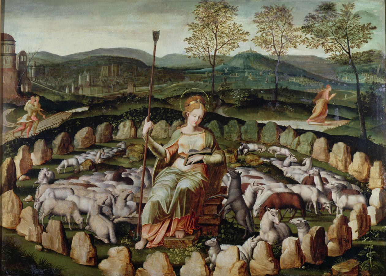 St. Genevieve, protegendo seu rebanho de French School