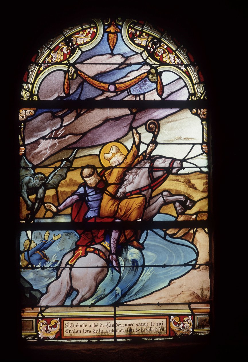 São Guenolé, Abade de Landévennec, salva o Rei Gralon durante a inundação da cidade de Ys - vitrais da igreja de São Germain em Kerlaz de French School