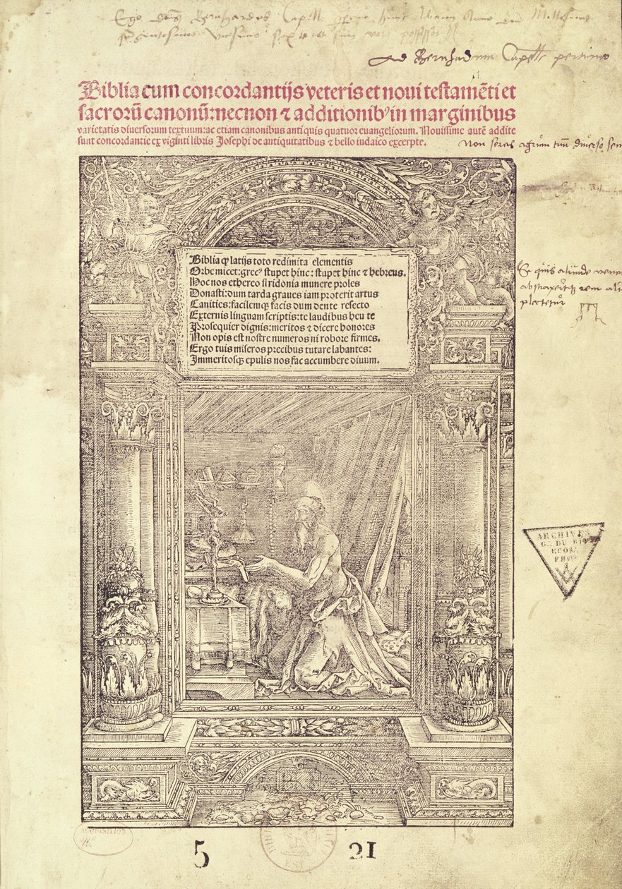 São Jerônimo em seu Studiolo, página de título de uma Bíblia, impressa por J. Marion, Lyon, 1521 de French School