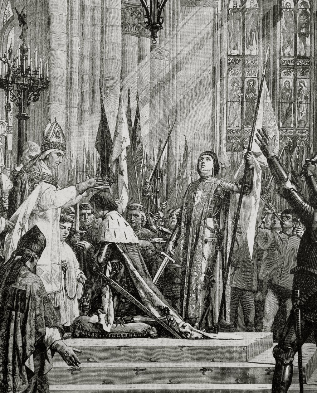 Santa Joana d&39;Arc (1412-31) na coroação de Carlos VII (reg.1422-61) em 1429 (gravura) de French School