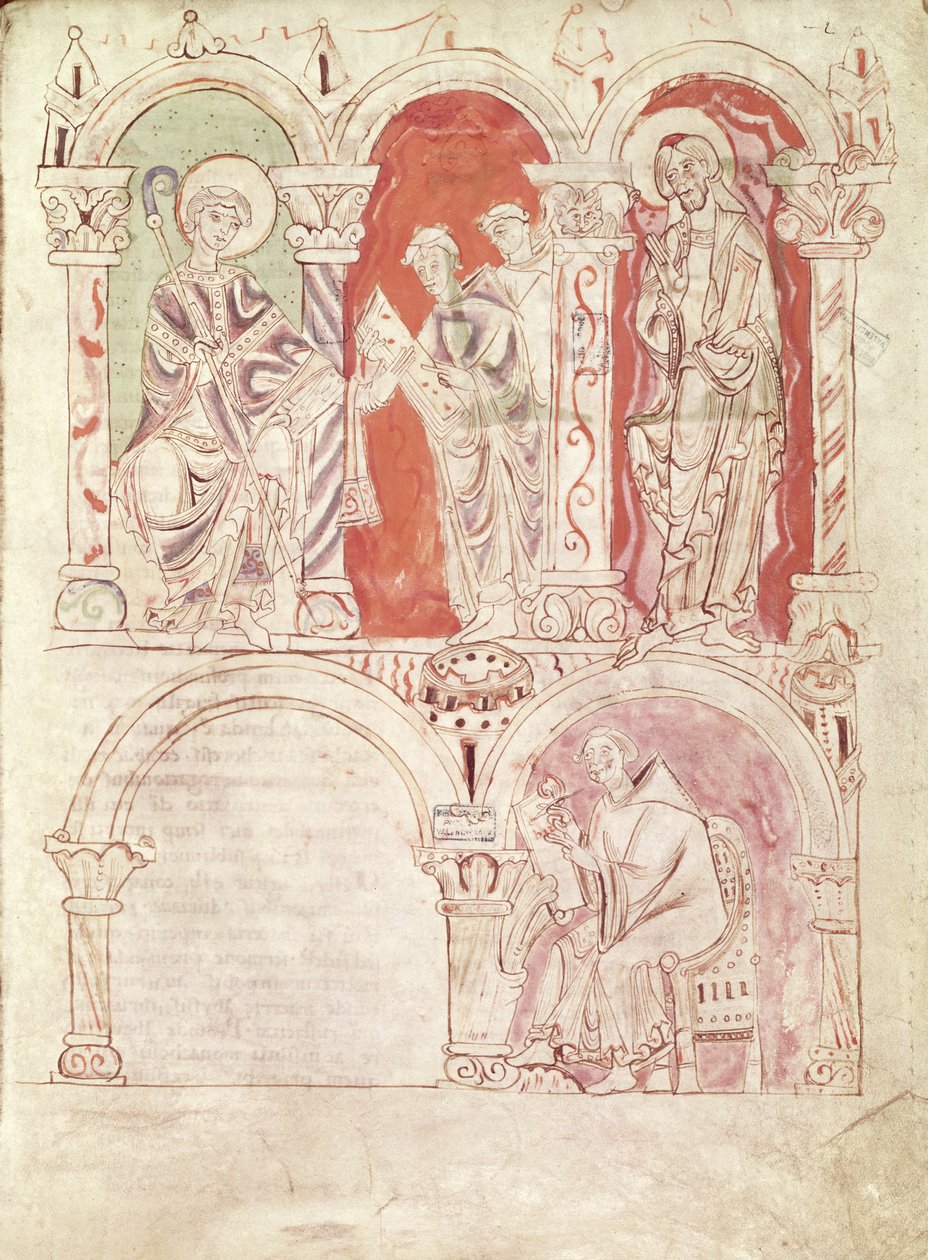 São João Cassiano (360-c.435) escrevendo e monges oferecendo o livro a padroeiro da abadia, de Collationes por Cassiano, da Abadia de St. Amand de French School
