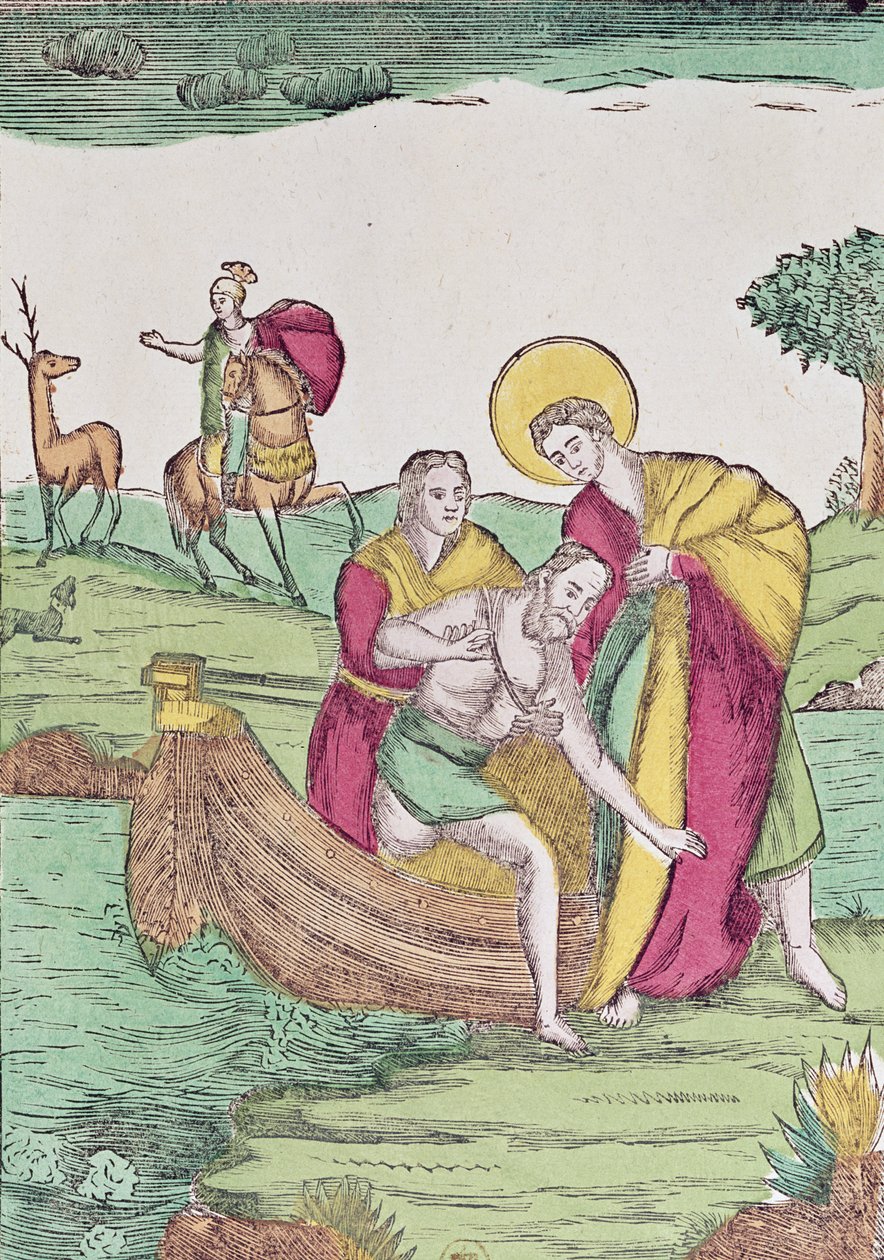 St. Julian, o Hospitaleiro, ajudando um viajante em um rio de French School