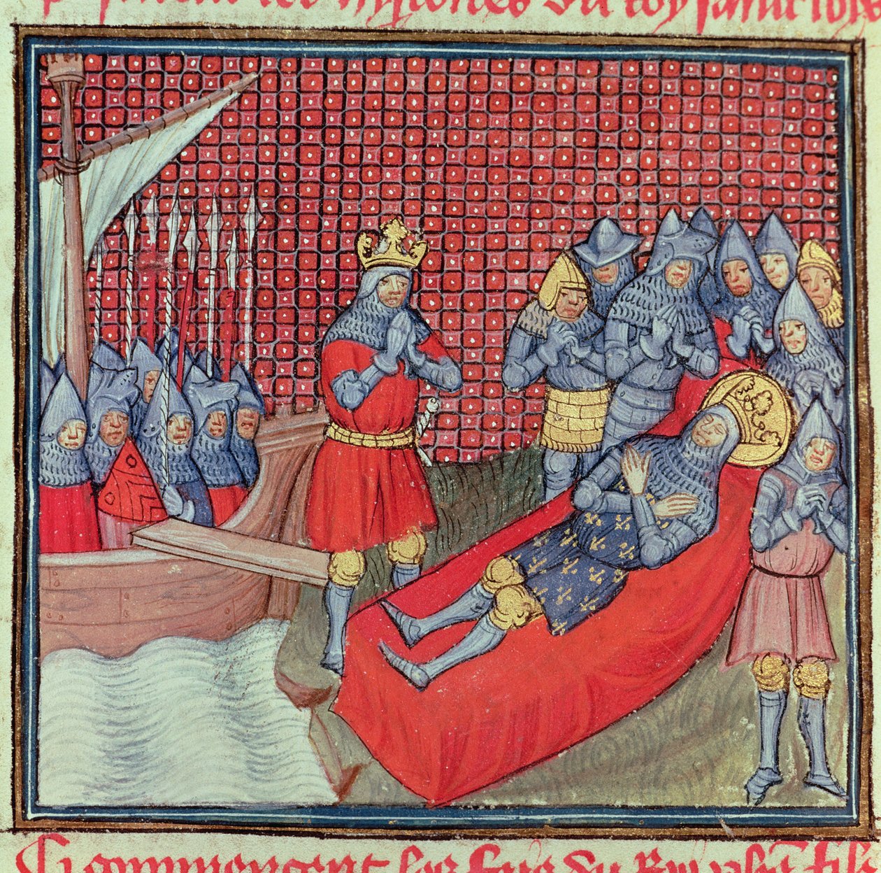 St. Louis morre da peste a 25 de Agosto de 1270 durante a Cruzada contra Tunes, do manuscrito "Grands Chroniques de France" (vellum) de French School
