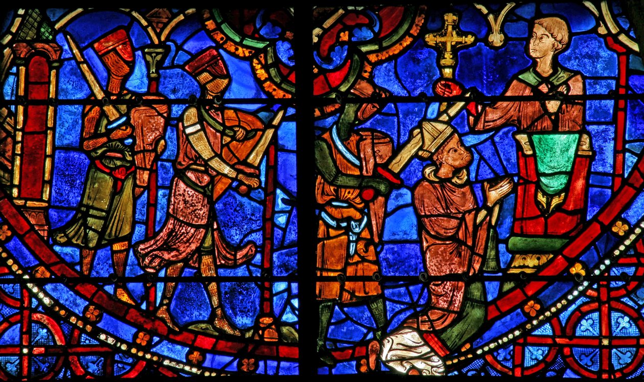 St Thomas Becket rezando antes de ser assassinado por 3 cavaleiros (w18) de French School