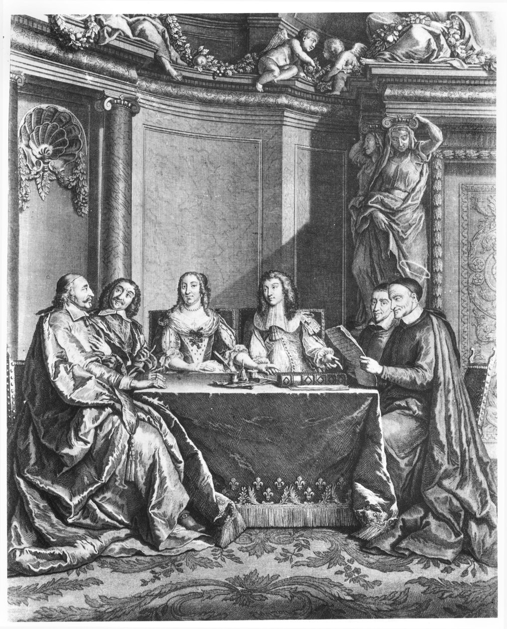 São Vicente de Paulo (1581-1660) e o cardeal Jules Mazarin (1602-1661) no Conseil de Conscience de Louis XIV (1638-1715) gravado por Gerard Scotin (1643-1715) c.1660 de French School
