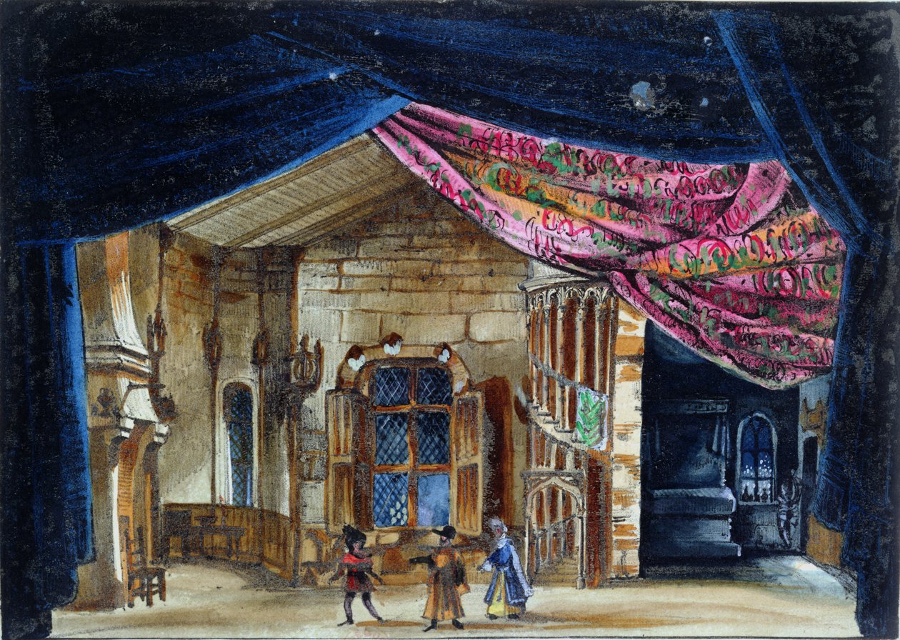 Design de palco para o Ato II de La Juive, apresentado pela primeira vez na Ópera de Paris em 23 de fevereiro de 1835, (wc no papel) de French School