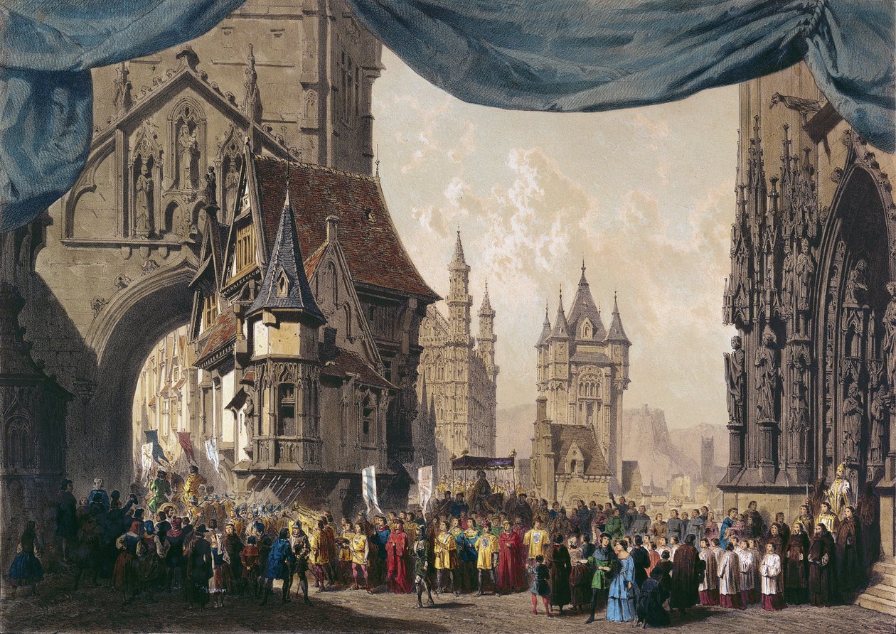 Design de palco para o Ato I de La Juive, apresentado pela primeira vez na Ópera de Paris em 23 de fevereiro de 1835 (wc no papel) de French School