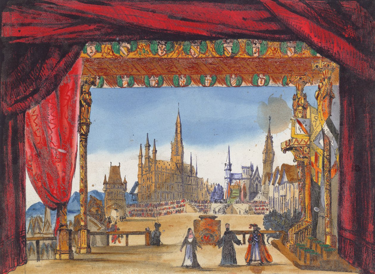 Cenografia do Ato V de La Juive, apresentado pela primeira vez na Ópera de Paris em 23 de fevereiro de 1835 (wc no papel) de French School
