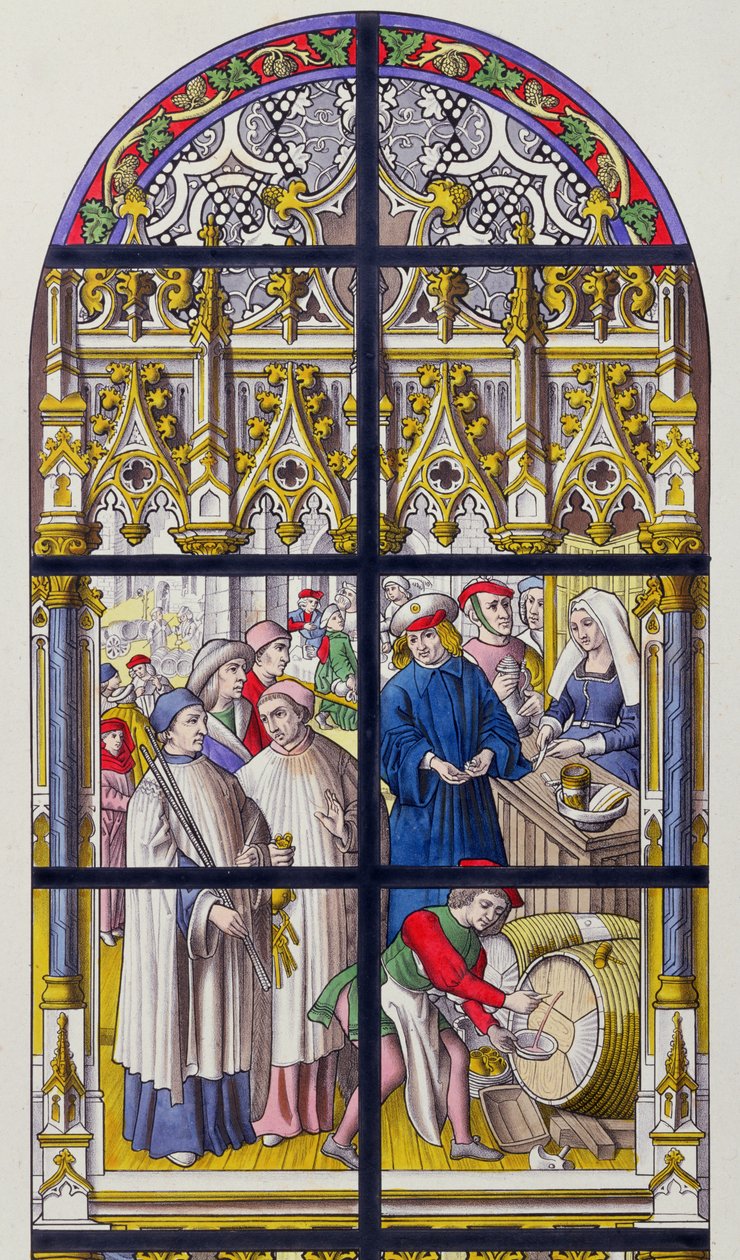 Vitral da Catedral de Tournai ilustrando os impostos cobrados sobre a cerveja e vinho pelos Bispos de Tournai de French School