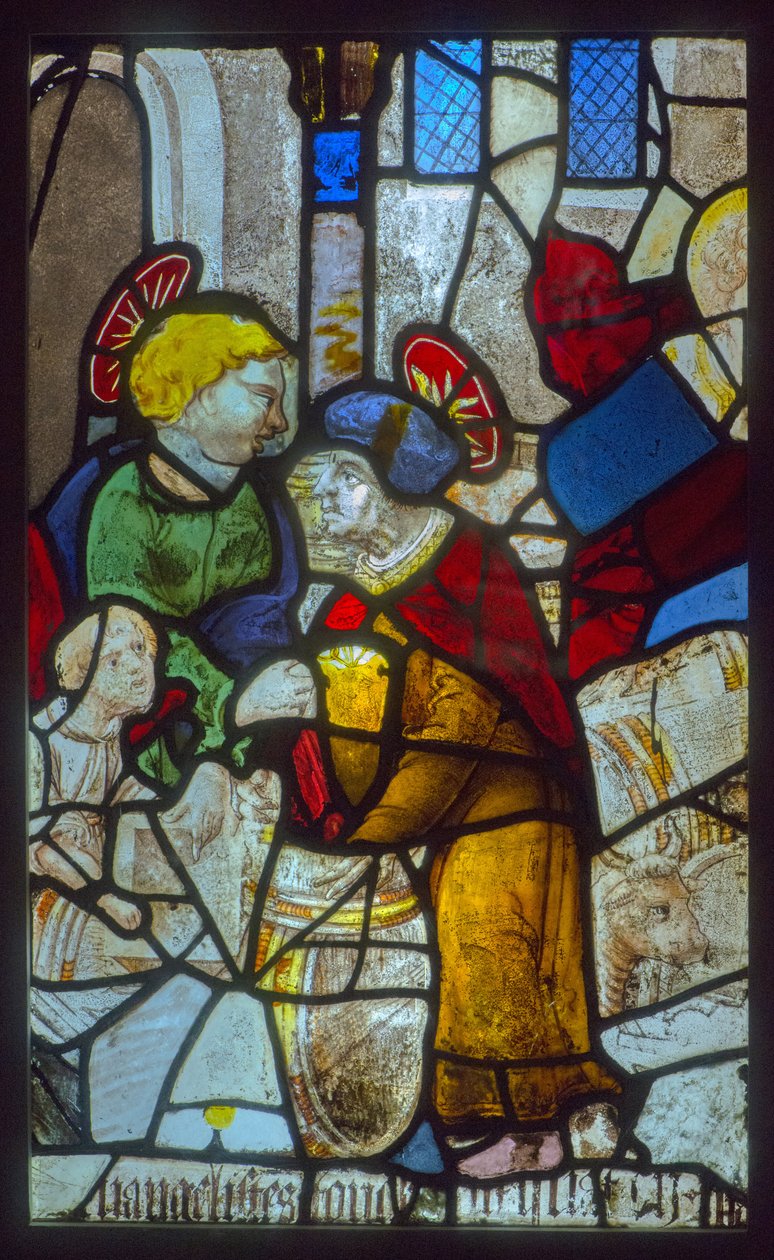 Vidro manchado, os evangelistas guardando os barris (tema da imprensa mística) de French School