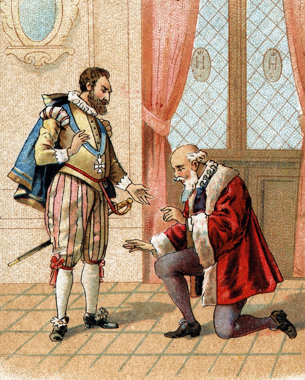 Levanta-te, meu amigo, os teus inimigos dirão que eu te perdoo, disse o rei Henrique IV a Maximiliano de Betune (Duque de Sully) (1559-1641) em 1598, que se tinha ajoelhado após uma animada discussão. de French School