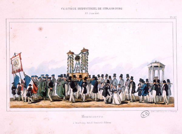 Início da Procissão dos Carpinteiros em Estrasburgo, 25 de Junho de 1840 (cor litho) de French School